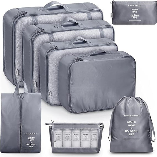 8 Pcs Travel Organizer Packing Cubes Set | Space-Saving Nylon Pouches for Clothes, Shoes, Toiletries, and More (Grey)