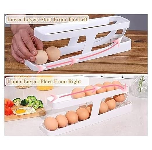 Egg Dispenser | 2-Tier Rolling Egg Dispenser for 12-14 Eggs | Fridge Egg Storage Tray