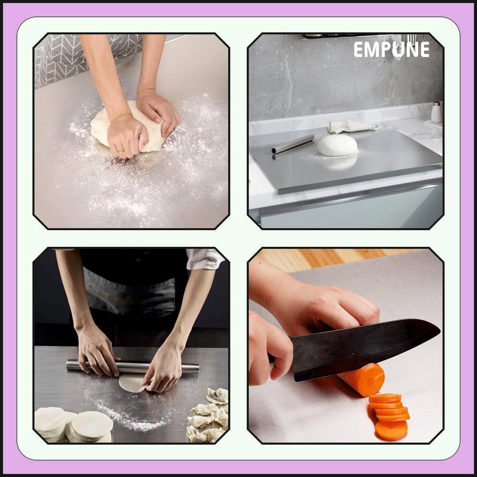 Stainless Steel Chopping Board with Rolling Pin | Durable, Hygienic Kitchen Essential for Cooking & Baking