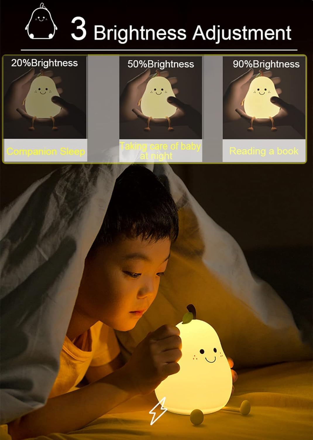 Pear Night Lamp | Cute Silicone Dimmable Night Light for Kids & Nursery | Bedroom Nightstand Lamp