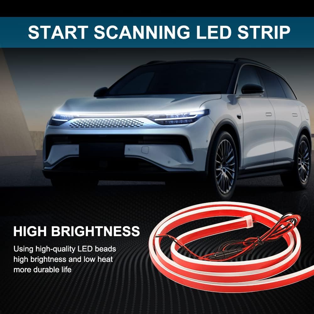 Exterior Flexible Daytime Running LED Strip Light for Car | Dynamic Car Hood LED Strip Light | Custom Car Decor (White Light)