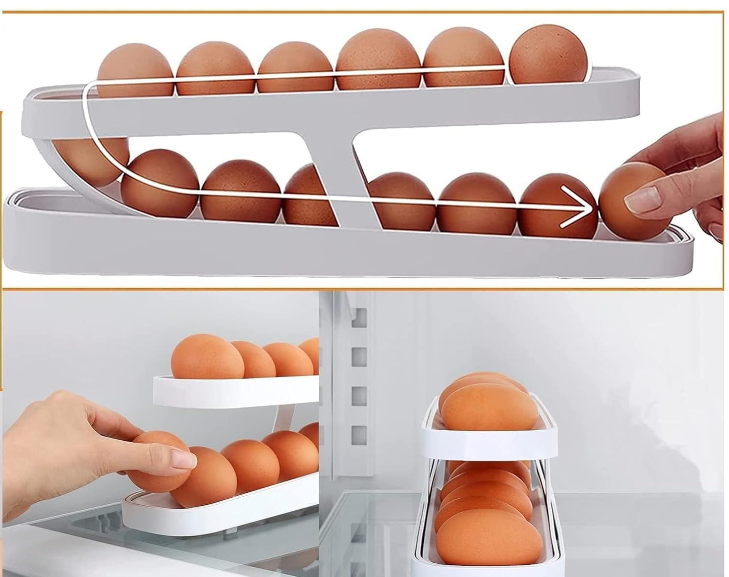 Egg Dispenser | 2-Tier Rolling Egg Dispenser for 12-14 Eggs | Fridge Egg Storage Tray