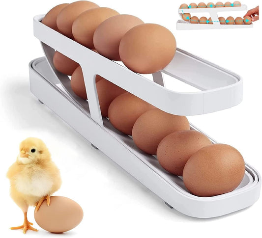 Egg Dispenser | 2-Tier Rolling Egg Dispenser for 12-14 Eggs | Fridge Egg Storage Tray