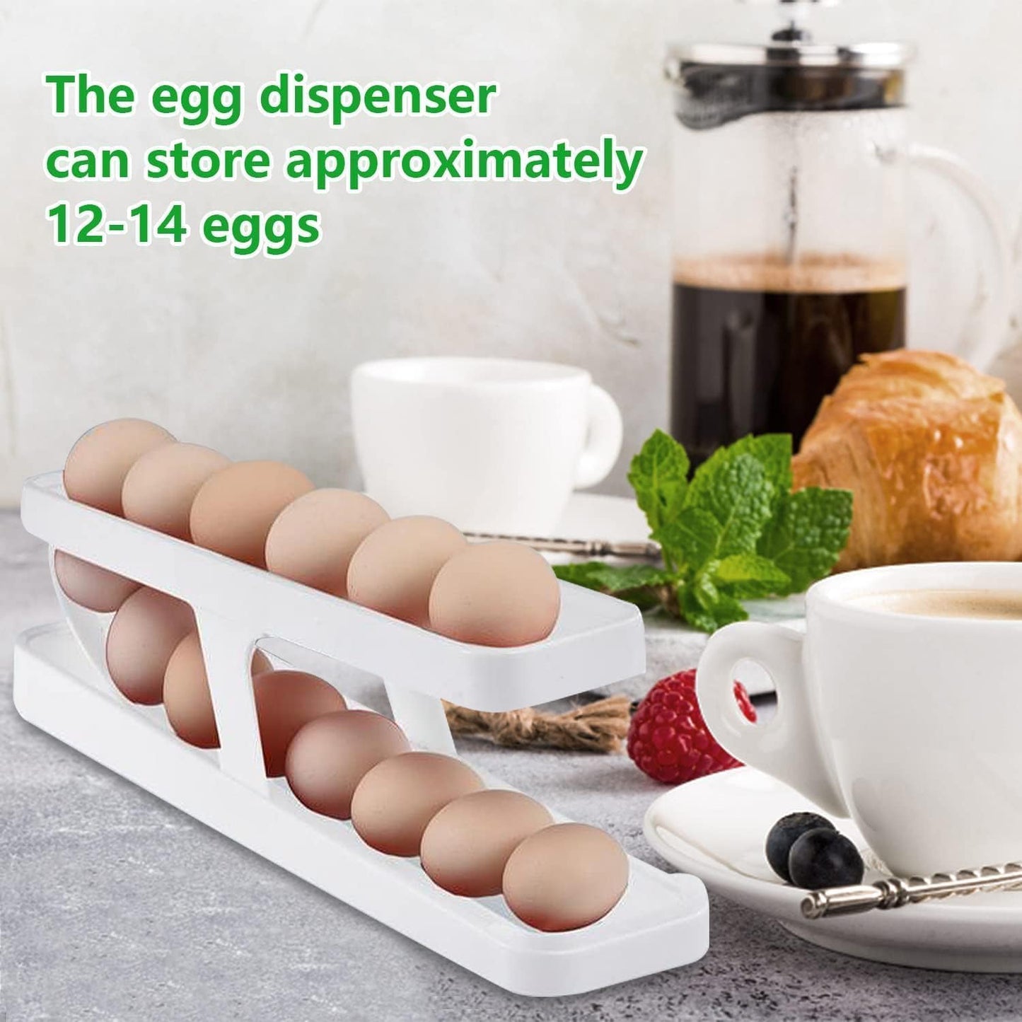 Egg Dispenser | 2-Tier Rolling Egg Dispenser for 12-14 Eggs | Fridge Egg Storage Tray