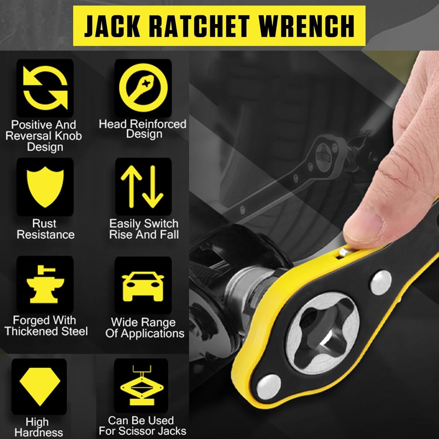 Car Jack Ratchet Wrench with Long Handle | Scissor Jack & Lug Wrench for Tire Changes | Positive & Reverse Knob for Cars, Trucks, SUVs, & Vans