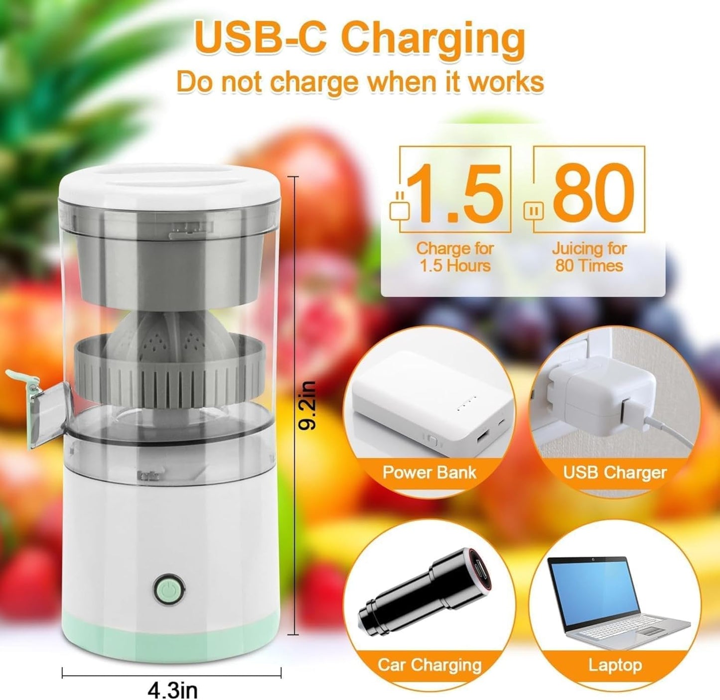 Electric Citrus Juicer | Wireless Rechargeable Squeeze Juicer | Portable Electric Fruit Juicer