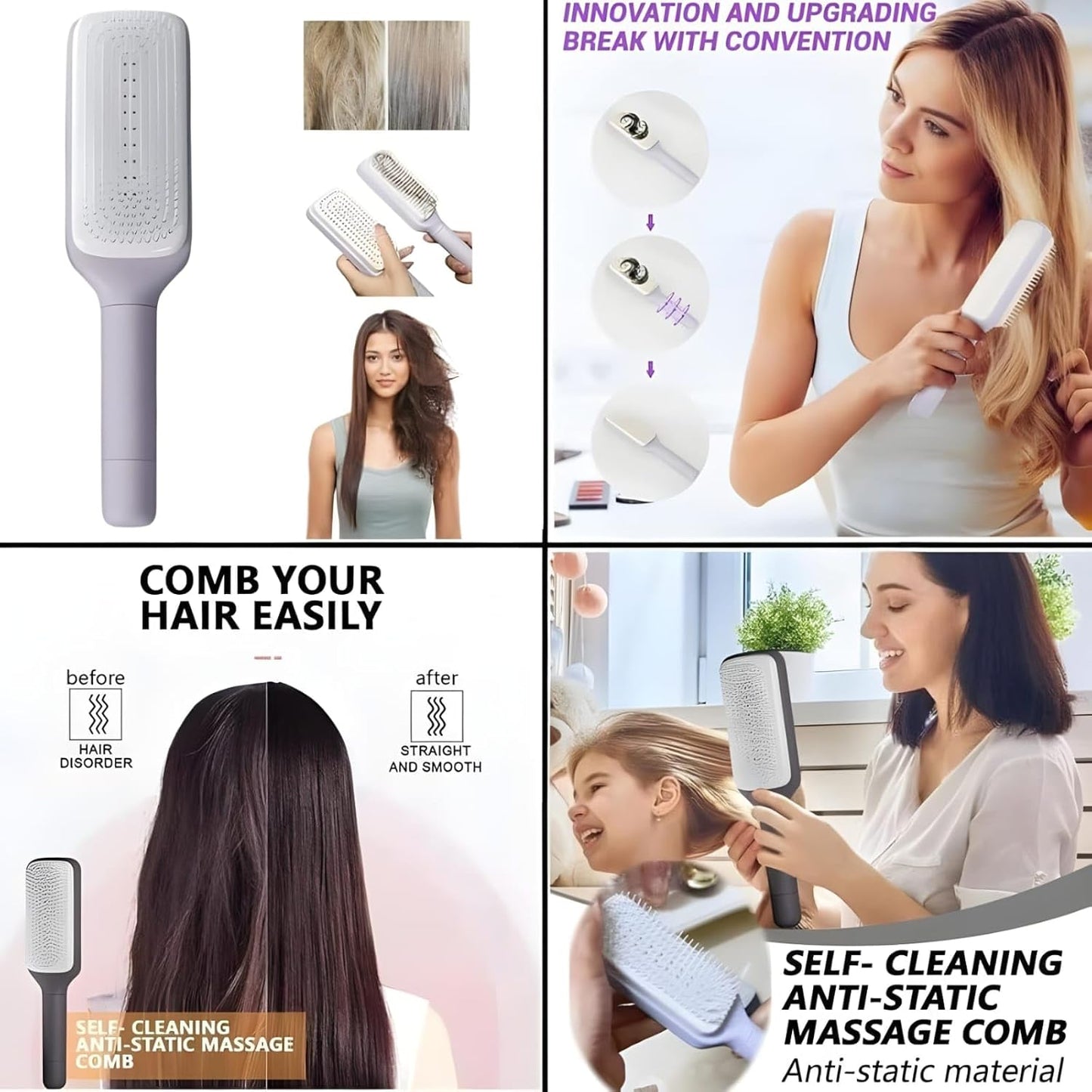 Self-Cleaning Anti-Static Massage Comb | Retractable Hair Brush for Easy Cleaning | Women's Multi-Color Hair Styling Tool